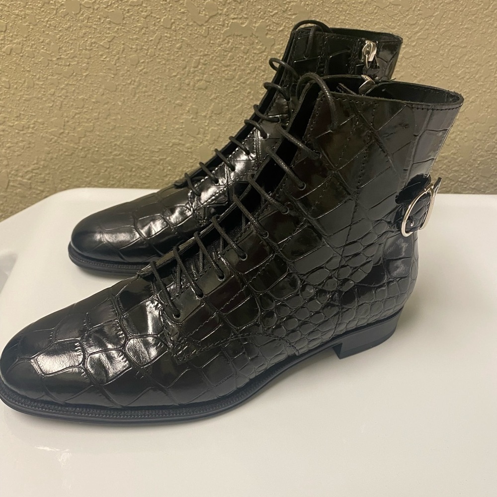 Tod's Ankle Boots Patent Croc-Embossed Black Leather‎ 35.5 / US Size5.5